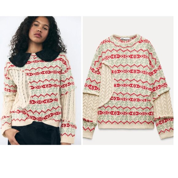 Zara | Jacquard Sweater with Cable knit Accents - Picture 1 of 8